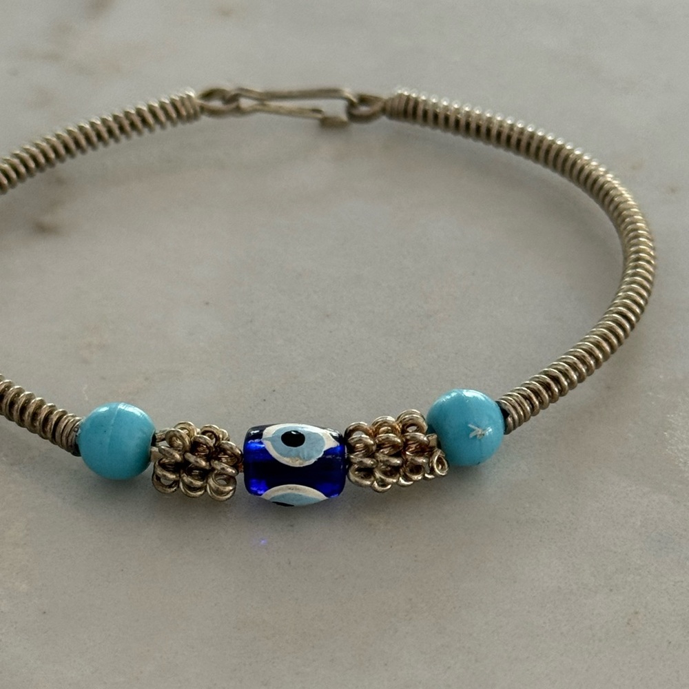 Vintage Silver Coil Bracelet with Blue Evil Eye & Turquoise Beads - Picture 3 of 7